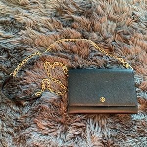 Tory Burch Black Saffiano Leather Chain Crossbody with Gold Hardware